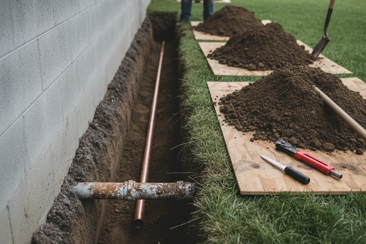 Excavated water line trench during Water Softener Installation in Crow Agency